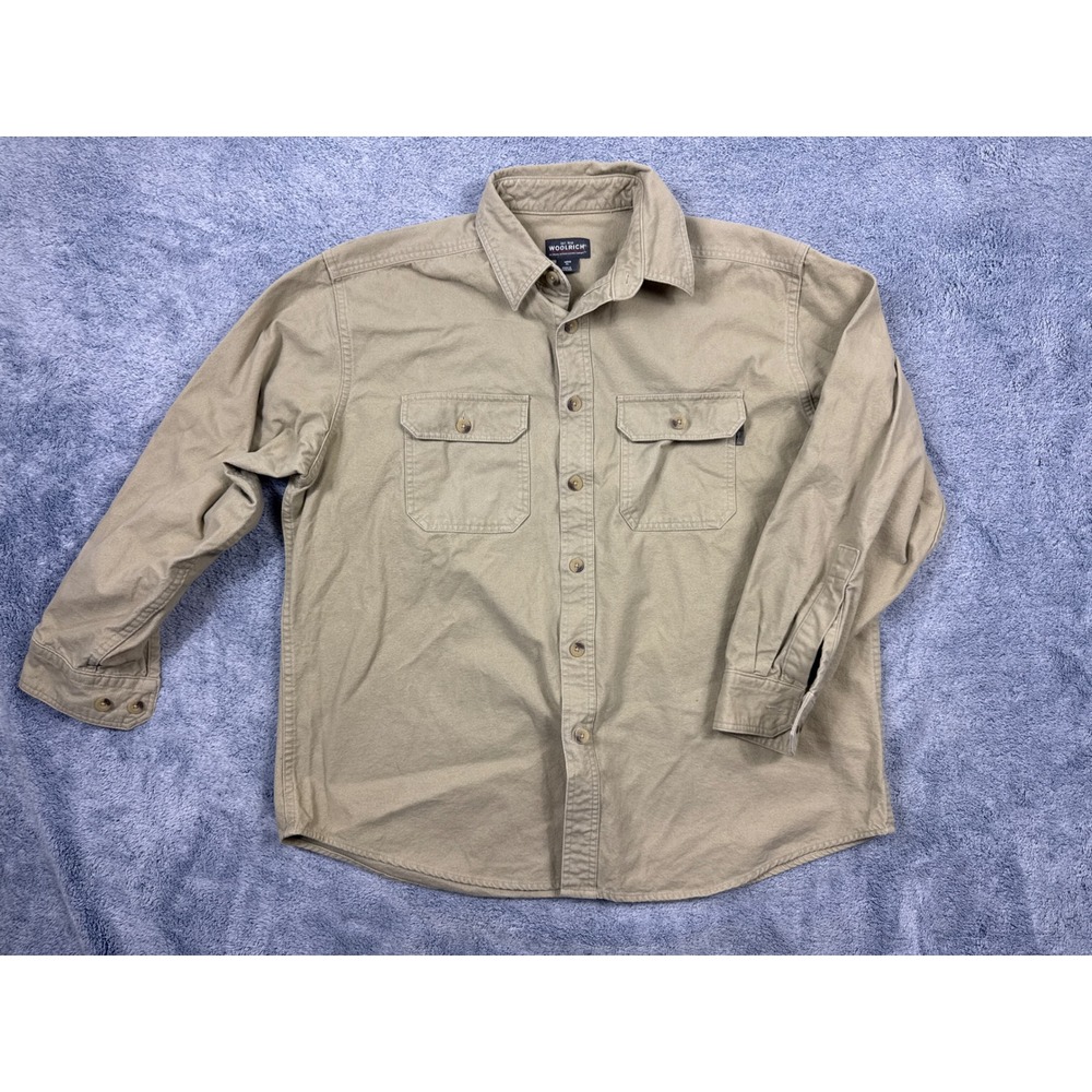 Woolrich Mens XL Khaki Cotton Chamois Button Down Shirt Heavyweight Workwear